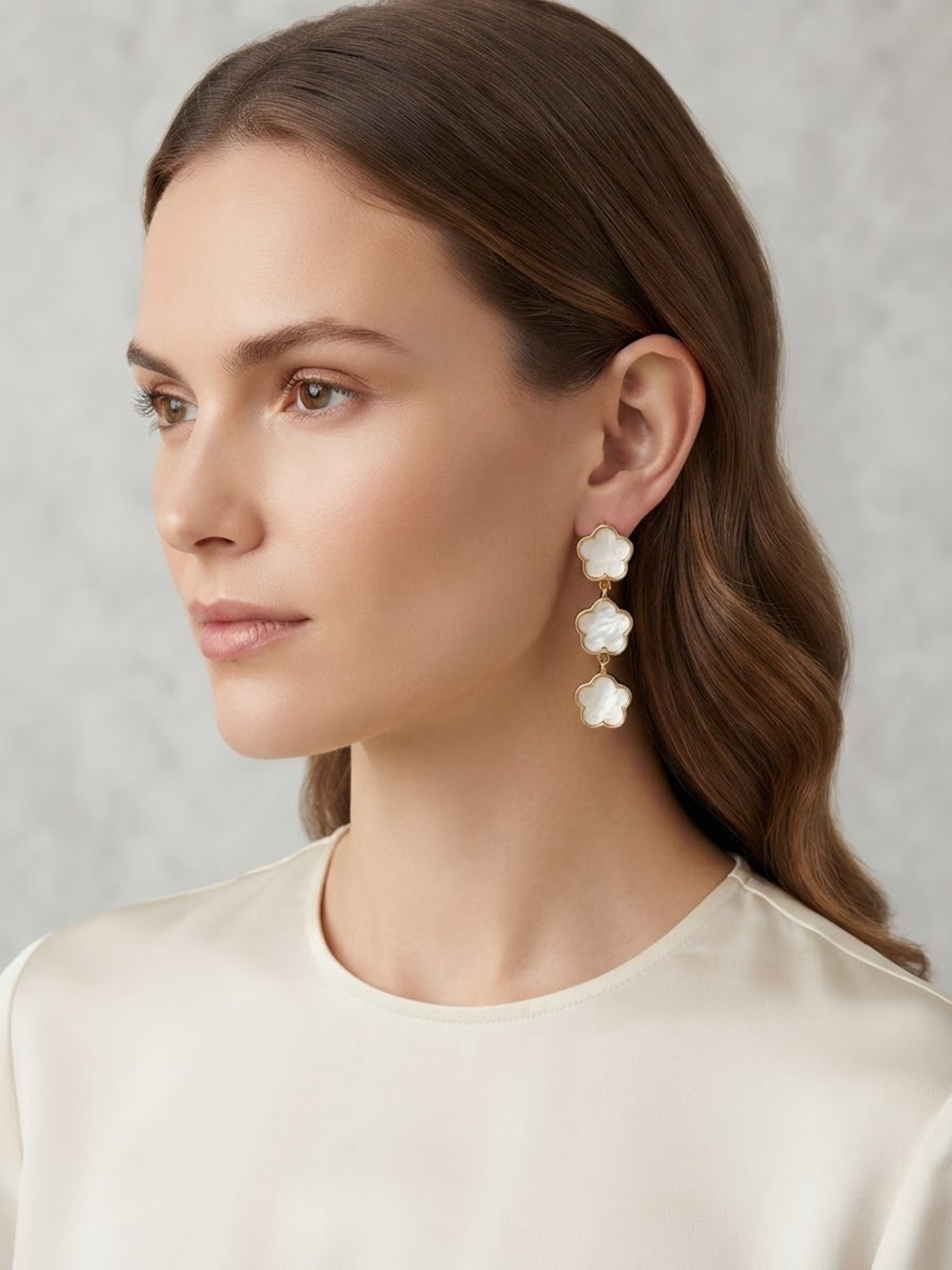 Gold and White Mother-of-Pearl Floral Drop Earrings